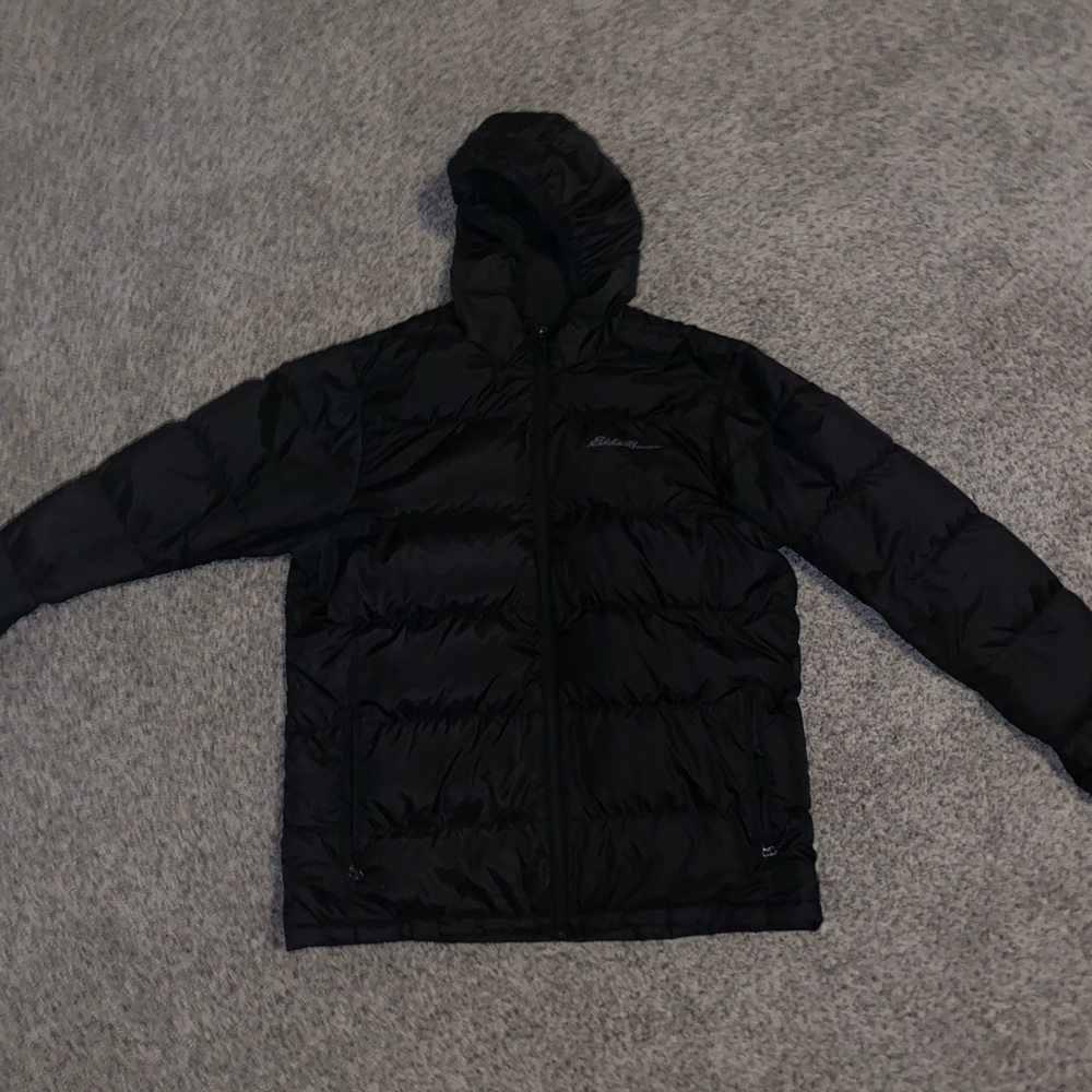 Eddie Bauer Black Puffer Jacket with Hood and Quilted Design